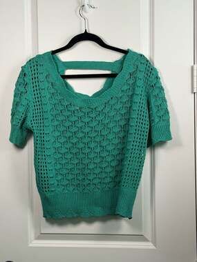 Umgee USA Short Sleeve Teal Crochet Knit Pullover Sweater Size S